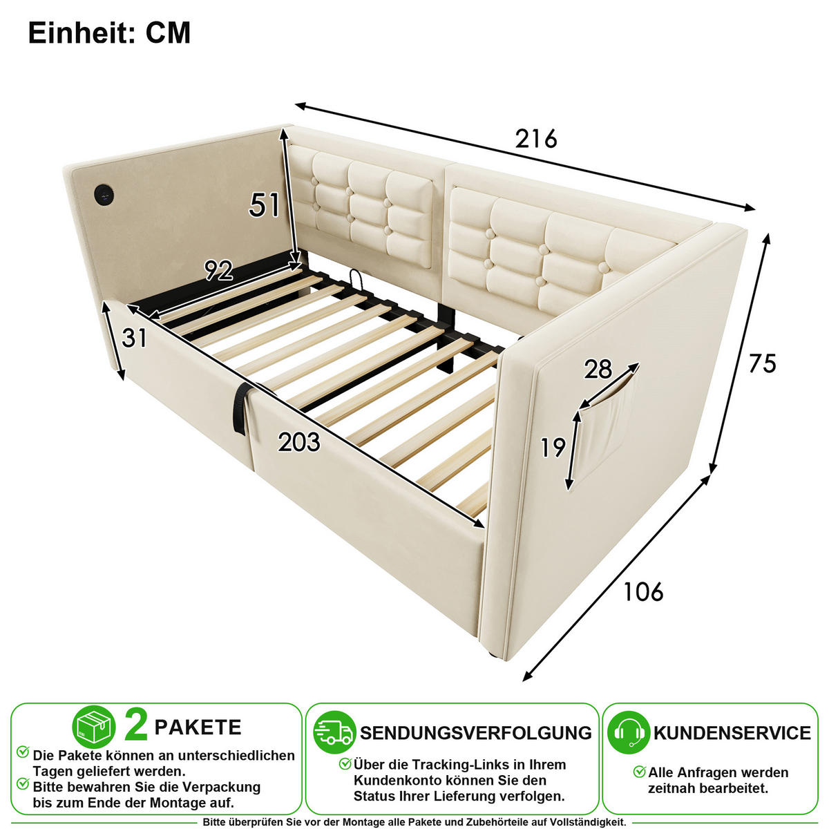 SCHLAFSOFA 90/200 cm in Beige Samt mit Bettkasten, USB und Type-C - Beige, Holzwerkstoff/Textil (90/200cm) - CHICFURN