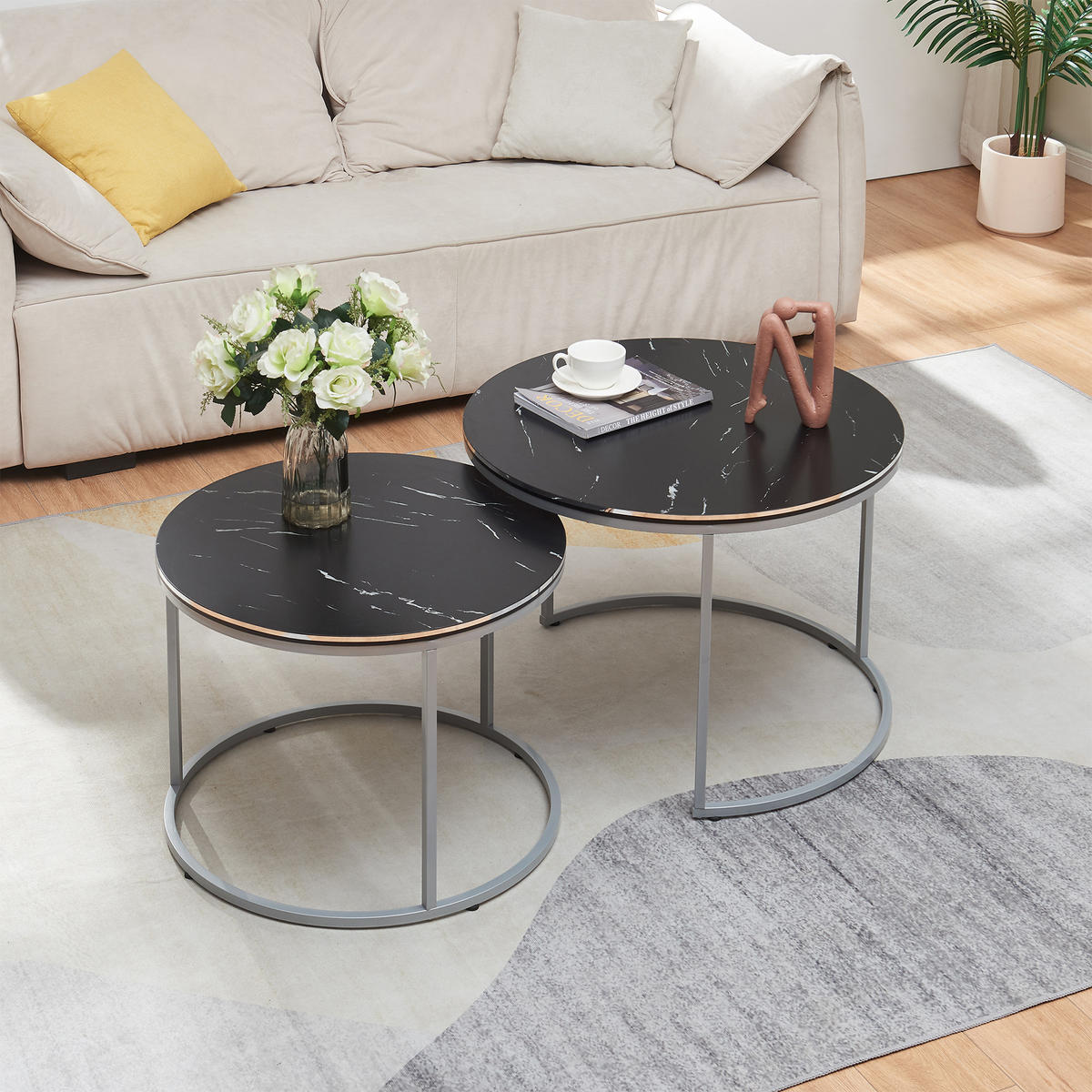 SADA KAVANOVÝCH STOLKŮ Skagen 2dílná 70/70/50 cm - černá/stříbrná, kompozitní dřevo (70/70/50cm) - [en.casa]