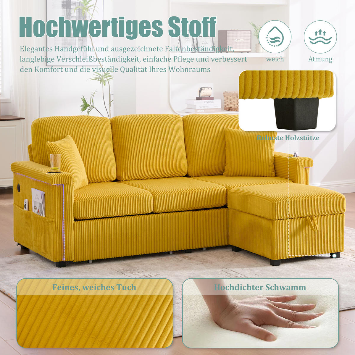 SOFA Corduroy mit LED und USB-Anschluss Stauraum-Schubladen 194/73/81 cm Gelb - Gelb, Textil (73/194cm) - Redom