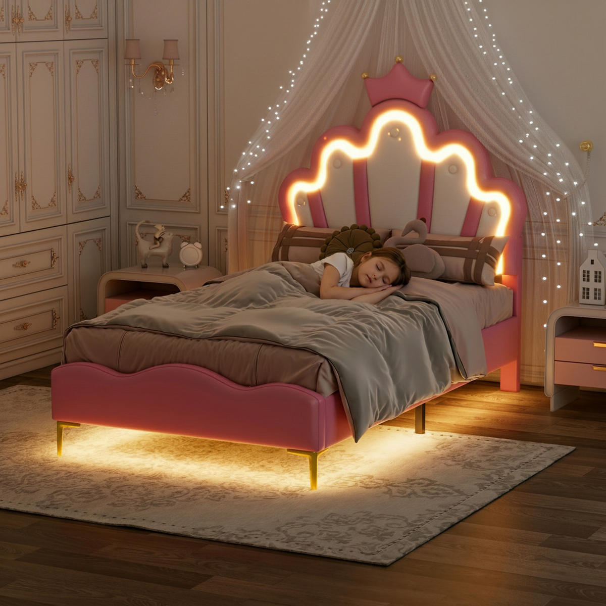 KINDERBETT 90 x 200 cm mit LED-Beleuchtung und höhenverstellbarem Kopfteil - Goldfarben/Rosa, Leder/Holz (90/200cm) - PARAFTA HOME