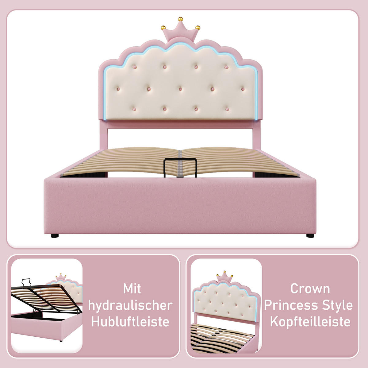 POLSTERBETT 140/200 cm aus PU und MDF mit LED-Beleuchtung und hydraulischem Stauraum Rosa - Pink, Kunststoff (140/200cm) - Modenvie