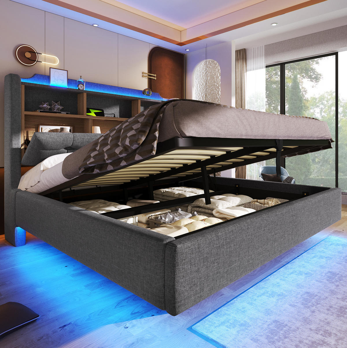 POLSTERBETT 140/200 cm mit LED-Beleuchtung, USB- und Typ-C-Anschlüssen, Bettkasten und Staufächern, Leinen, Grau - Grau, Textil (140/200cm) - Redom