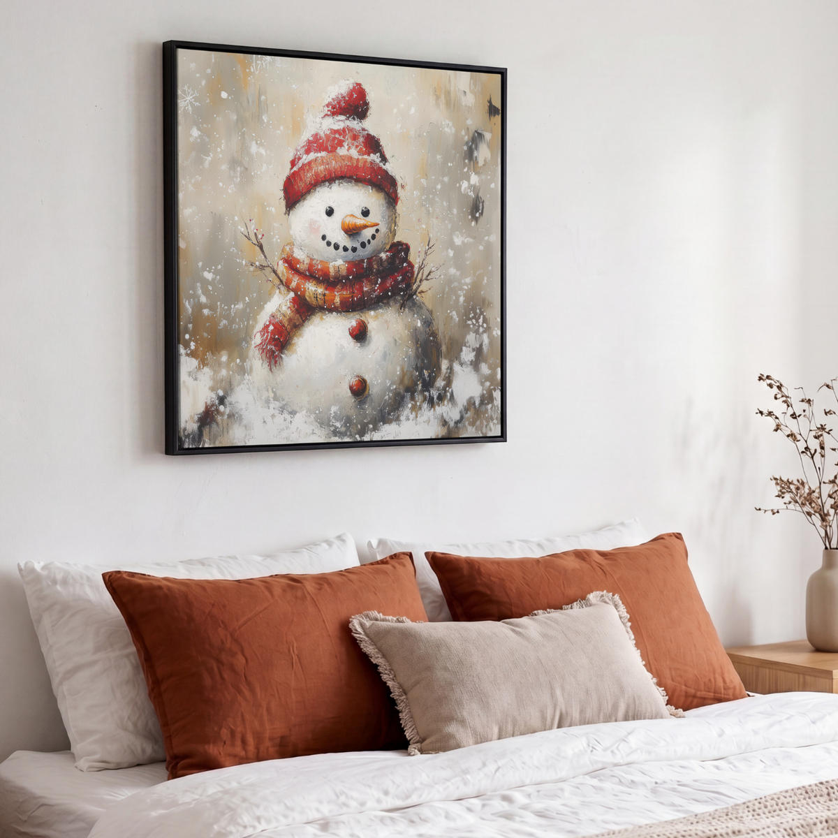 LEINWAND Bilder mit Rahmen - Schneemann - Winter - Schnee - Beige - 50x50 - Weiß, Textil (50/50cm) - MuchoWow