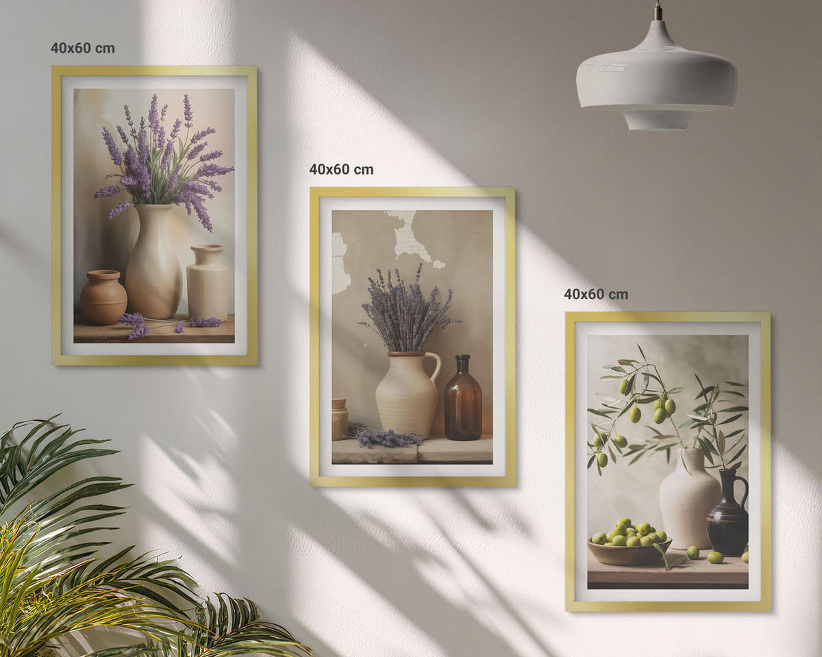 WANDBILDER 3er Set - 40x60 cm Goldrahmen - Blumen in Vasen, Oliven, Dekorationen - Goldfarben, Kunststoff (40/60cm) - ArtPrintCave