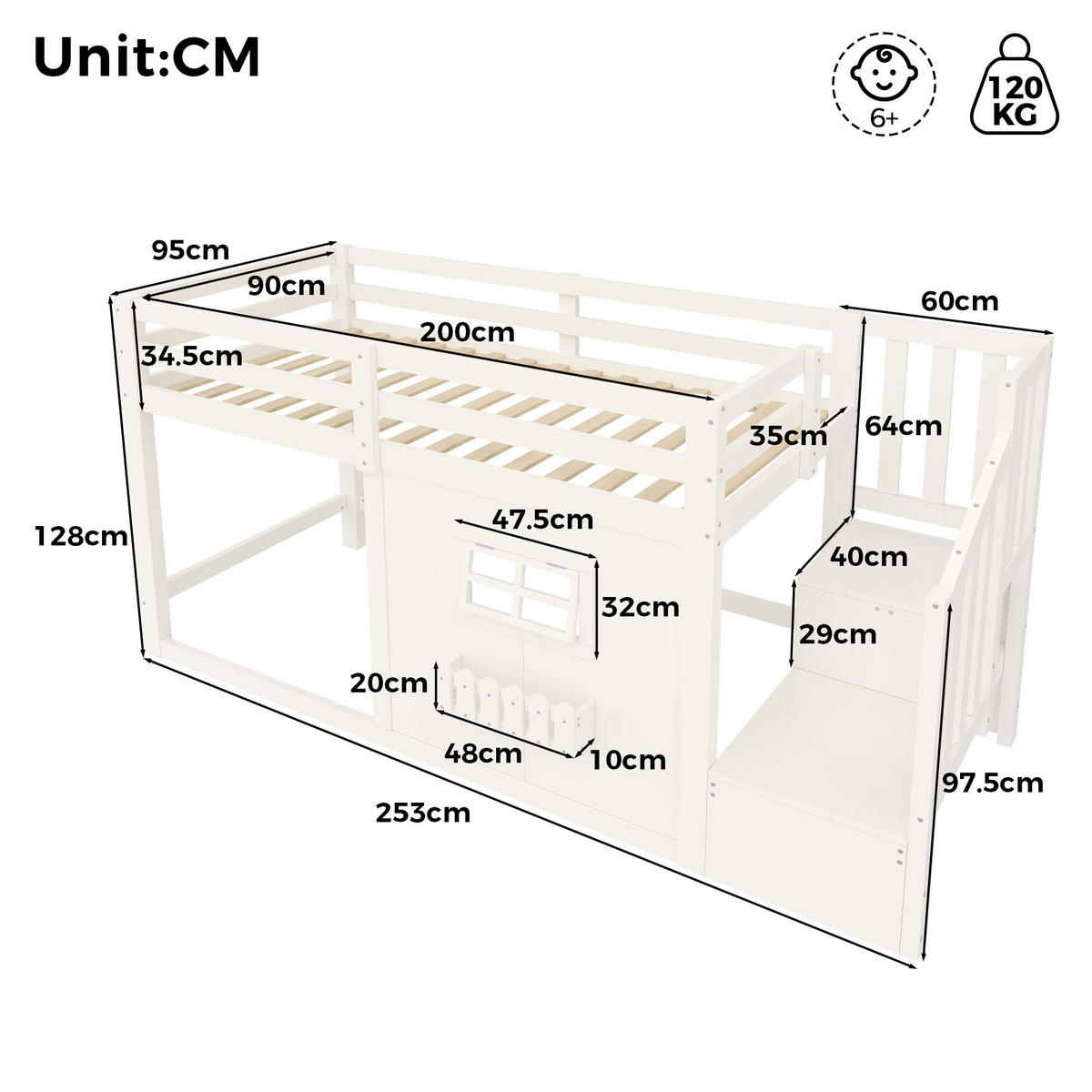 HOCHBETT aus Kiefernholz und MDF 90x200 cm Weiß mit Stauraumtreppe, Fenster und LED-Beleuchtung - Weiß, Holzwerkstoff (90/200cm) - Modfu