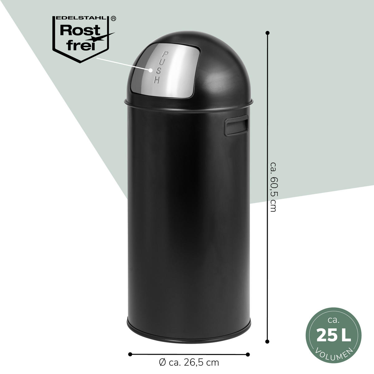 ELUNO Mülleimer 60 Liter aus Stahl - Schwarz, Metall (26.5/60.5/26.5cm) - eluno