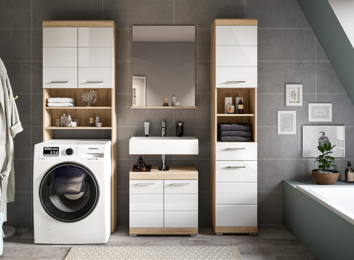 BADMÖBEL-SET weiß Hochglanz, Eiche 4-teilig 190 cm, Komplettset mit viel Stauraum - Weiß Hochglanz/Eichefarben, Glas/Holzwerkstoff (190/191/34cm) - Inn.Furn