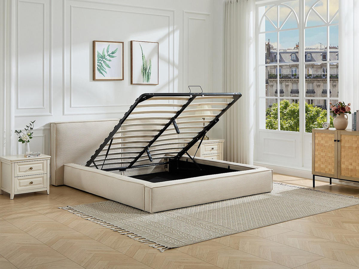 BETT mit Bettkasten - 2 Personen - Samt, Stoff - Beige - - Beige, Textil (160/200cm) - Vente-Unique