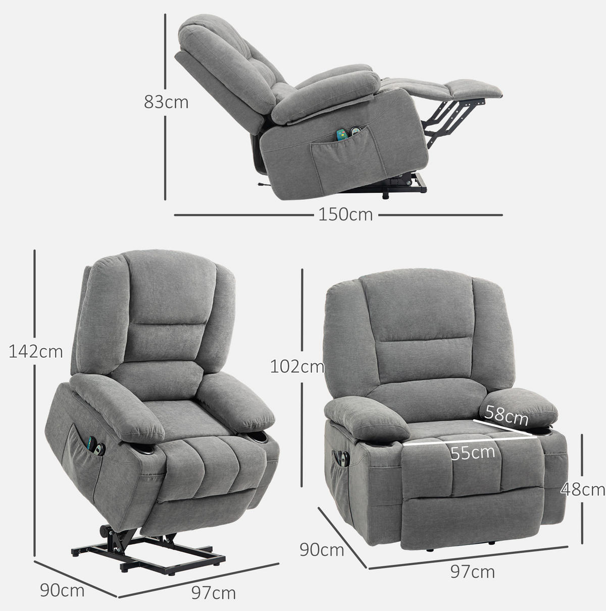 KRESLO s elektrickým zdvihom, 97/90/102 cm, tmavosivé, s masážou a vyhrievaním - tmavosivá, textil (90/102/97cm) - BEAOK