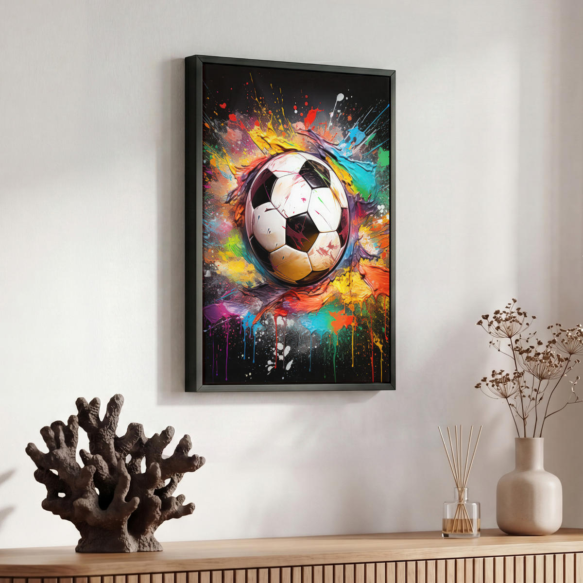 LEINWAND Bilder mit Rahmen - Fußball - Farbe - Farben - Schwarz - Weiß - 30x40 - Weiß, Textil (30/40cm) - MuchoWow
