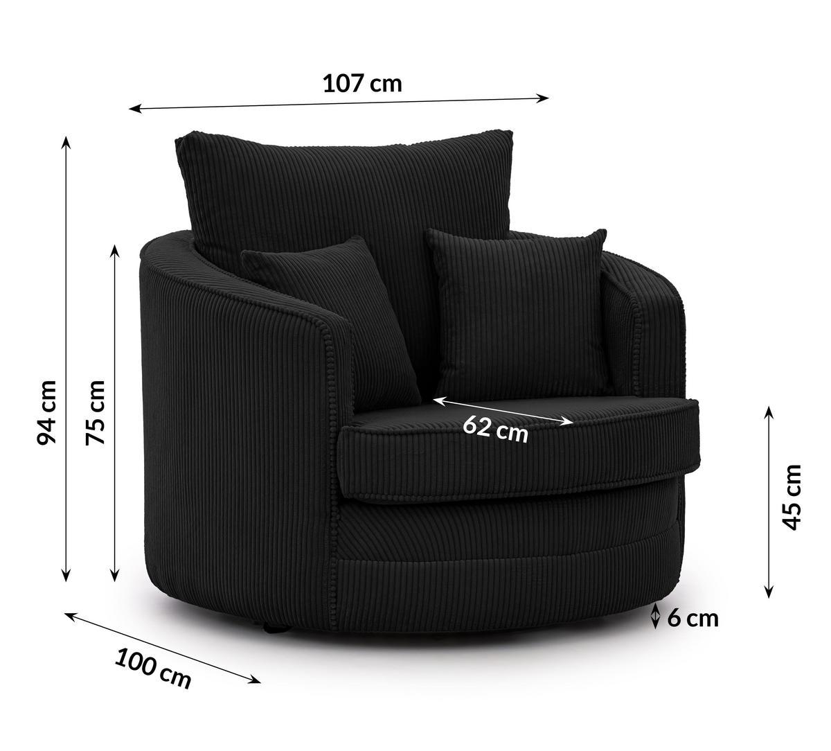 DREHSESSEL Ted aus Schwarz Cord-Stoff - Schwarz, Holz/Textil (107/94/100cm) - S-Style Möbel