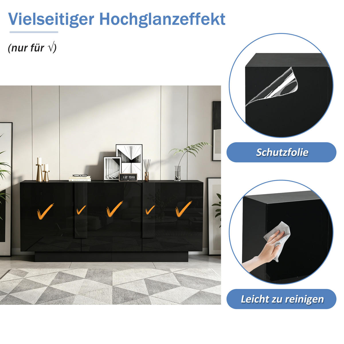 SIDEBOARD Schwarz Hochglanz 3 Türen 160cm 6 Fächer modern - Schwarz, Holzwerkstoff (35/60/160cm) - FLIEKS