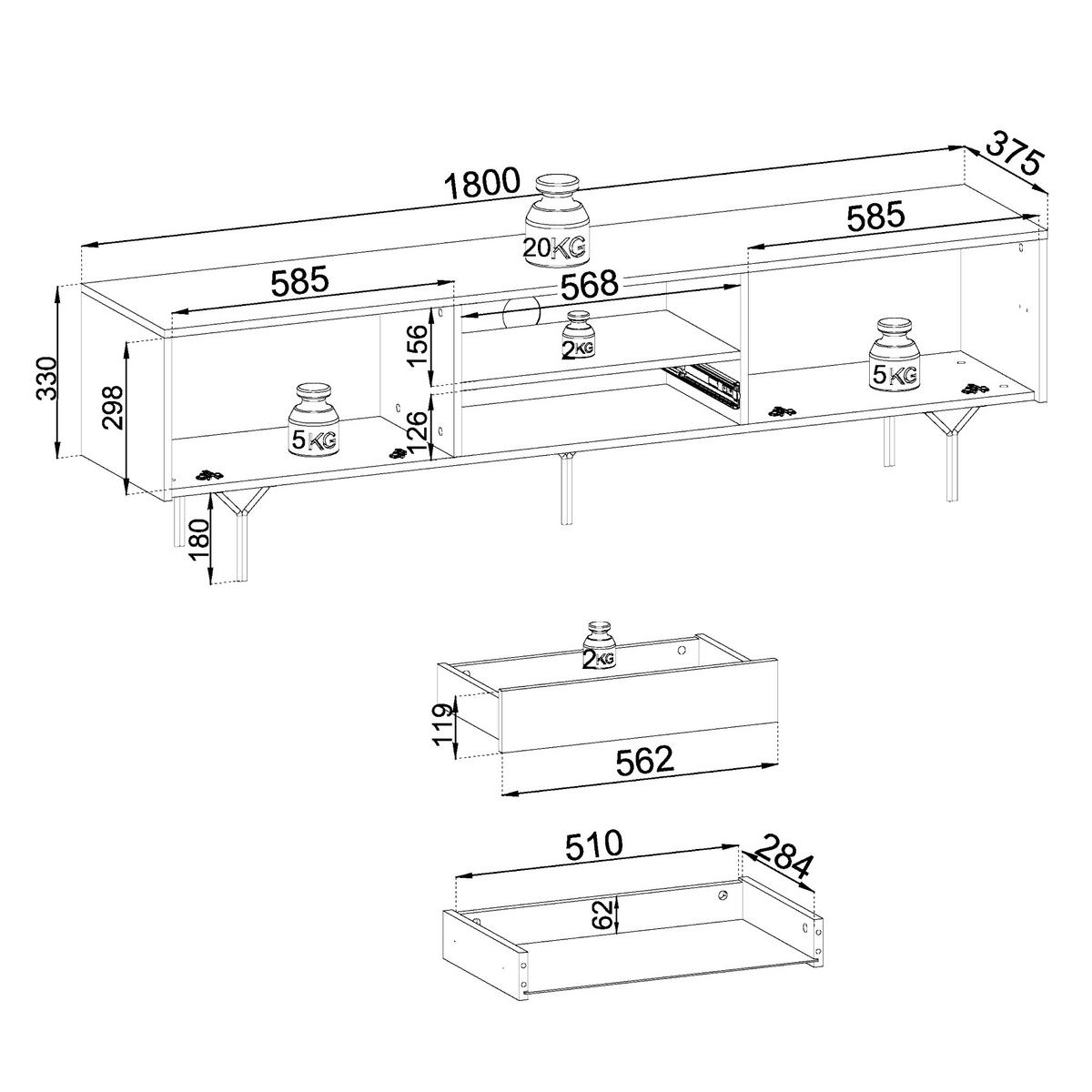 LOWBOARD TV ORILLIA RTV1-2D Fräste Fronten, Schwarz - Schwarz, Holzwerkstoff/Kunststoff (180/51/38cm) - Komodee