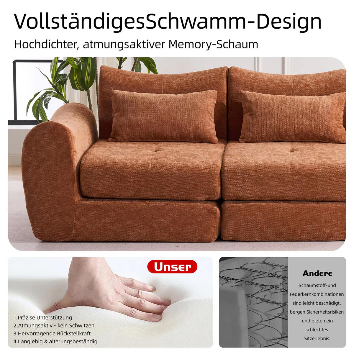 SCHLAFSOFA 3-Sitzer Chenille, Bequemes Kompressionssofa, Orange - Orange, Textil (262/78/97cm) - Kaket