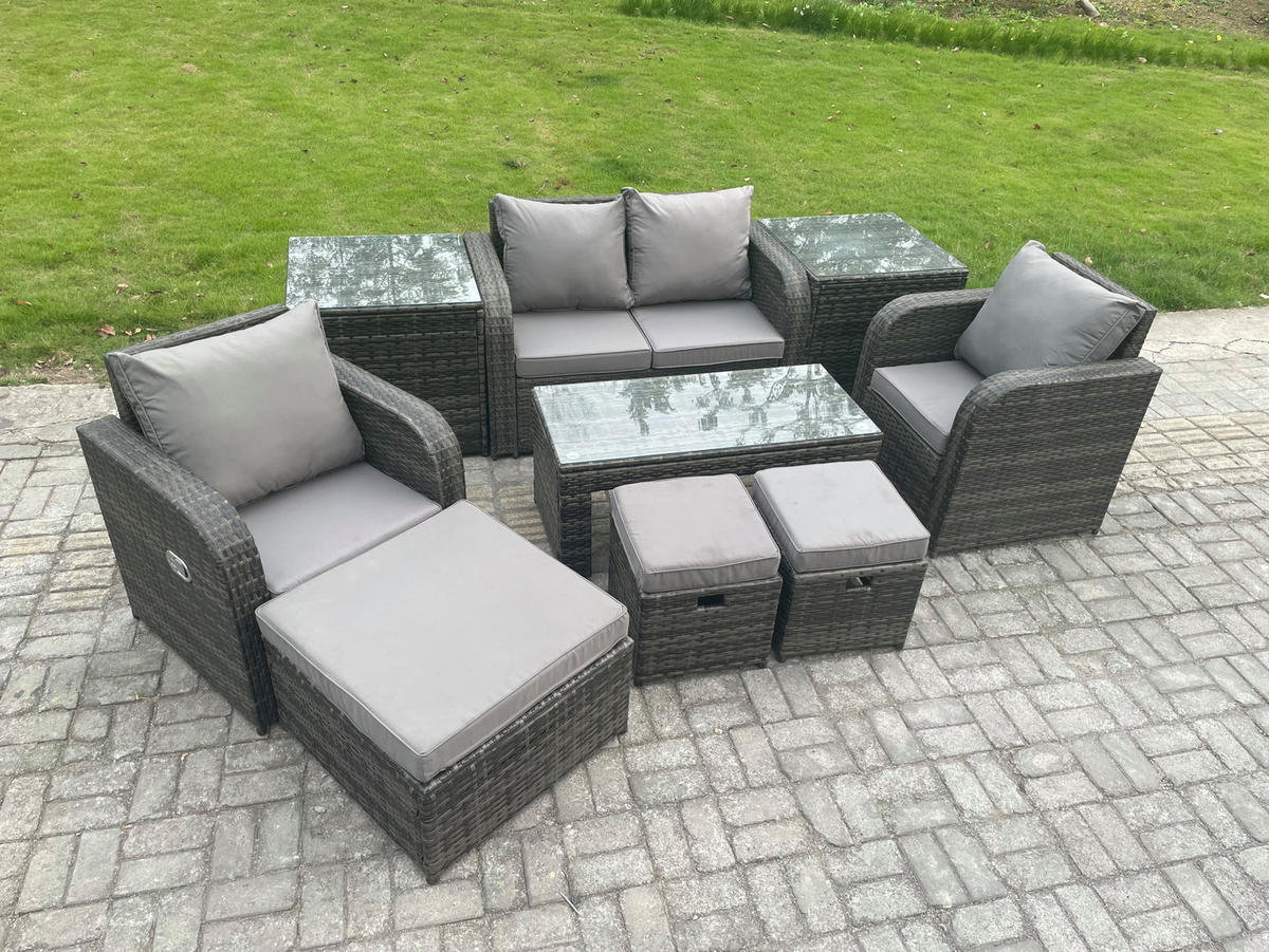 GARTENSOFA SET mit COUCHTISCH Polyrattan 7-Sitzer - Dunkelgrau/Grau, Glas/Kunststoff - Fimous