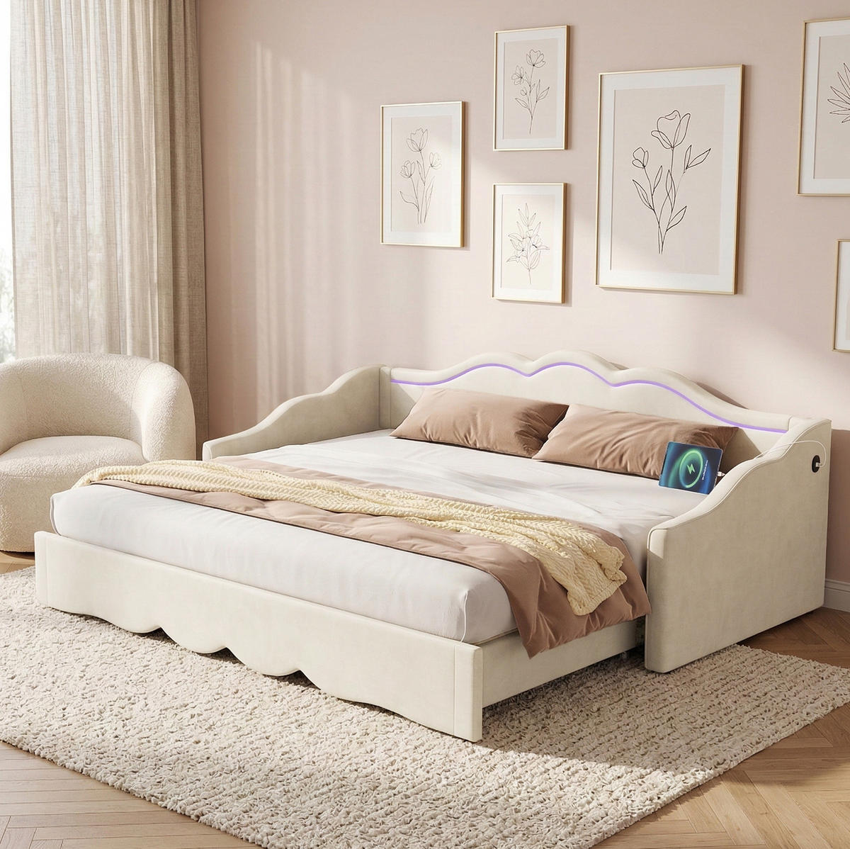 POLSTERBETT 90/200 cm Beige aus Samt mit USB- und TYPE-C-Anschluss - Beige, Textil (90/200cm) - OKMYHOME