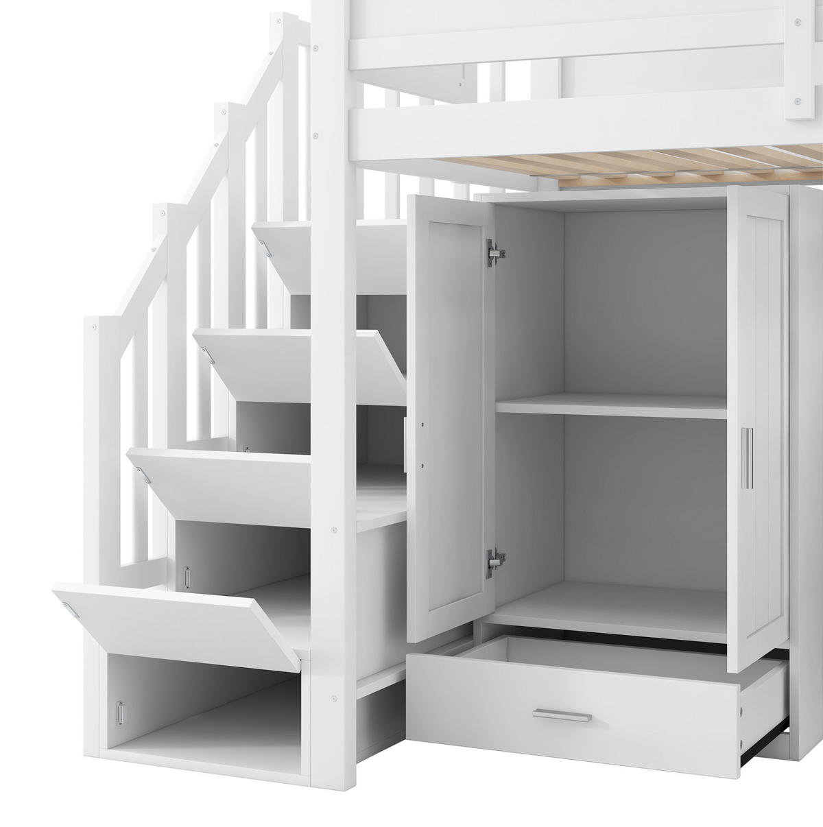 HOCHBETT mit Schreibtisch, Schrank und Stauraumtreppe 90x200 cm Weiß - Weiß, Holzwerkstoff (90/200cm) - Beauniv