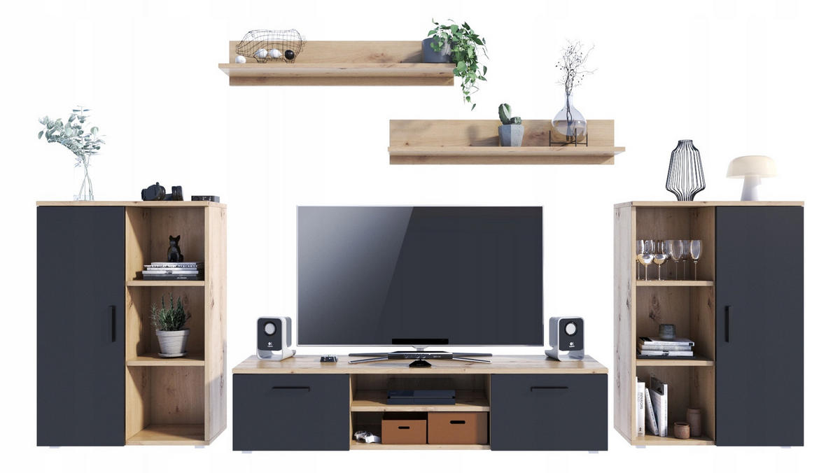 WOHNWAND Herkules, 5-teilig Artisan Eiche-Schwarz - Multicolor, Holzwerkstoff (150/35/40cm) - Matkam Möbel
