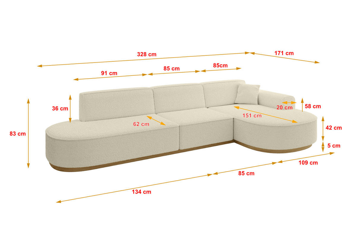 ECKSOFA Ottomane Rechts MARI-L2-v2 - 328x171x83 cm Beige Bouclé - Beige, Holzwerkstoff/Textil (171/328cm) - ALTDECOR
