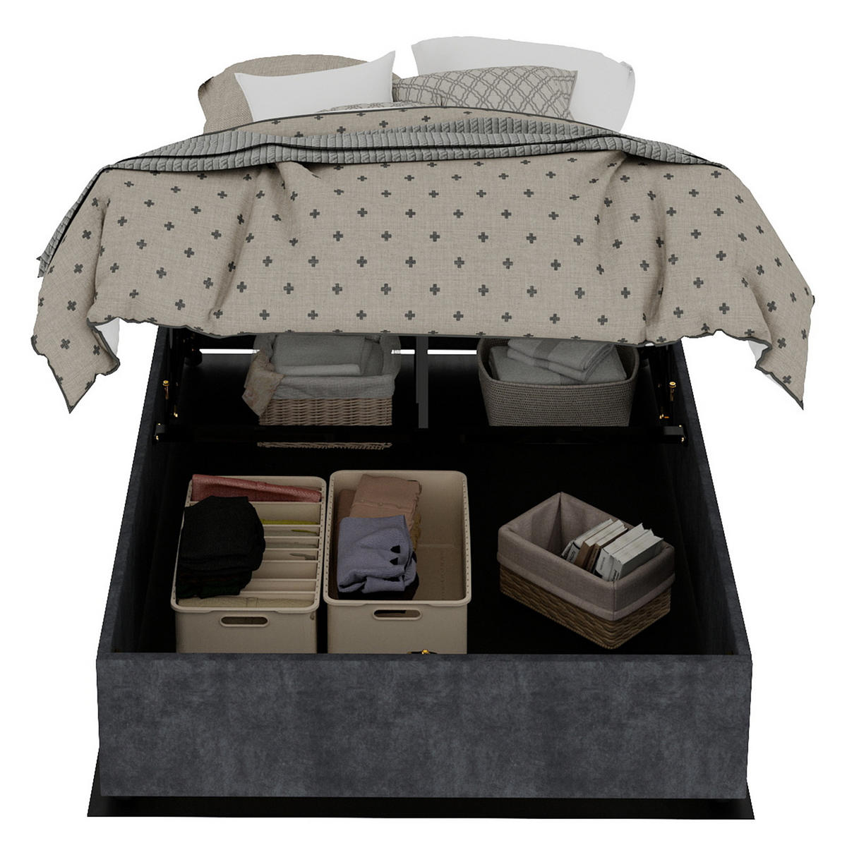 POLSTERBETT 140x200 cm grau aus Stoff und Metall mit Lattenrost - Grau, Textil (140/200cm) - OKWISH