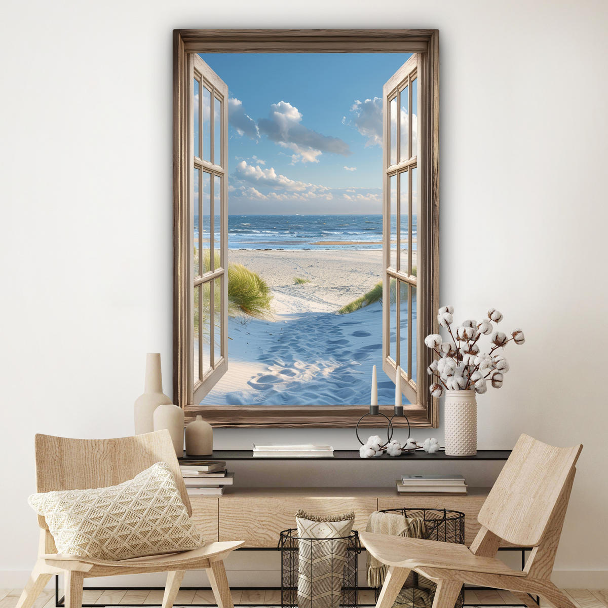 LEINWANDBILD Aussicht - Strand - Fenster - Dünen - Meer Deko Groß 90x140 cm - Hellblau, Textil (90/140cm) - MuchoWow