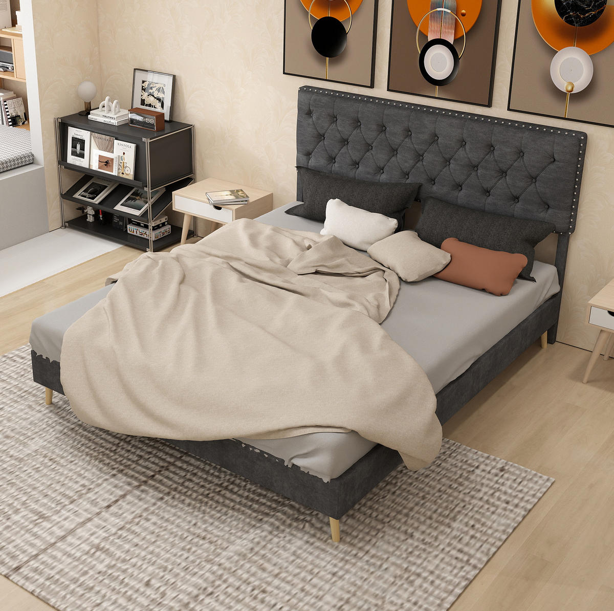 POLSTERBETT 160/200 cm grau aus Stoff und Metall mit hohem Kopfteil - Grau, Textil (160/200cm) - OKWISH