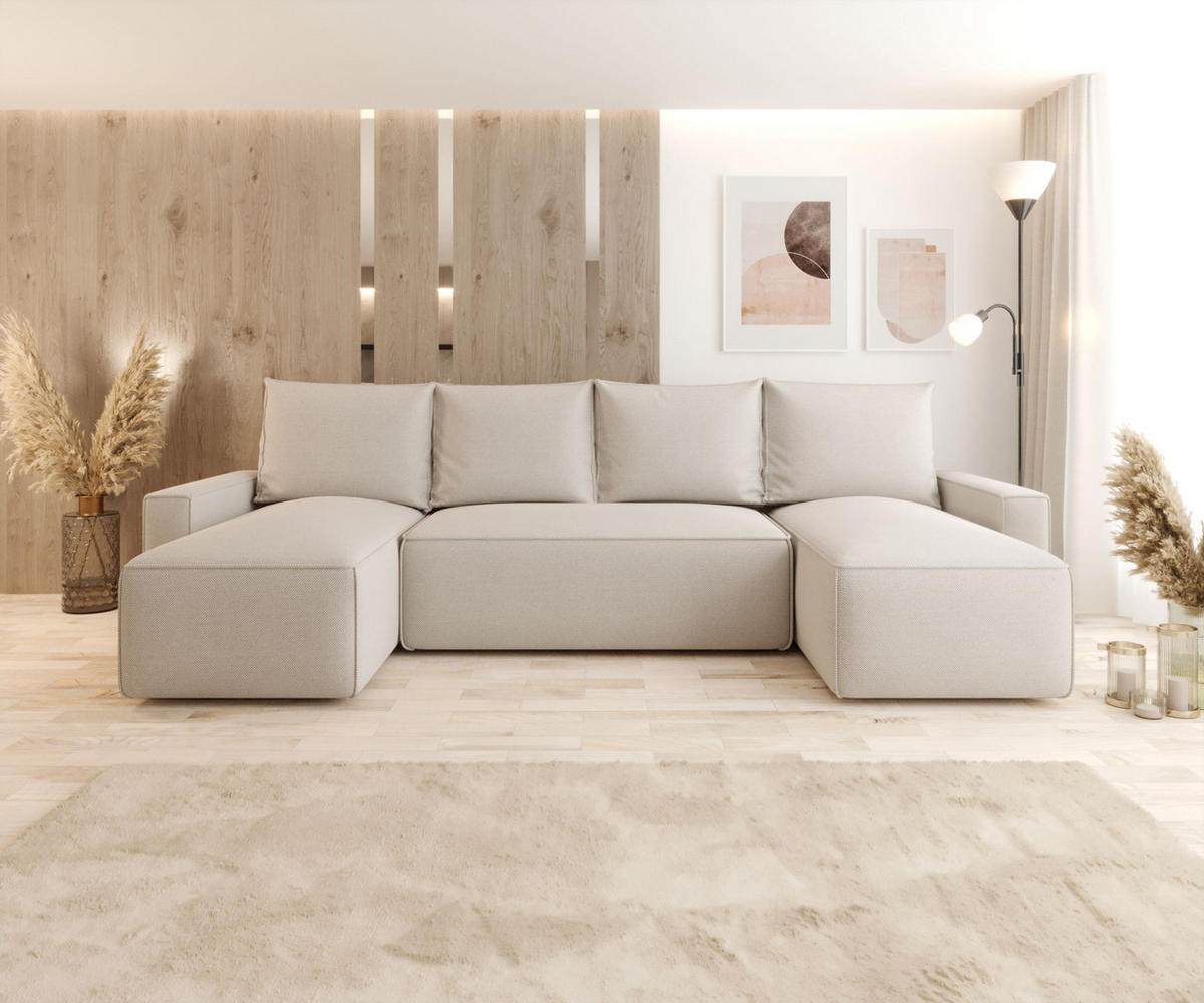 WOHNLANDSCHAFT mit Schlaffunktion SAVIO U Curio 09 - Ecru, Textil (300/75/140cm) - Bedante