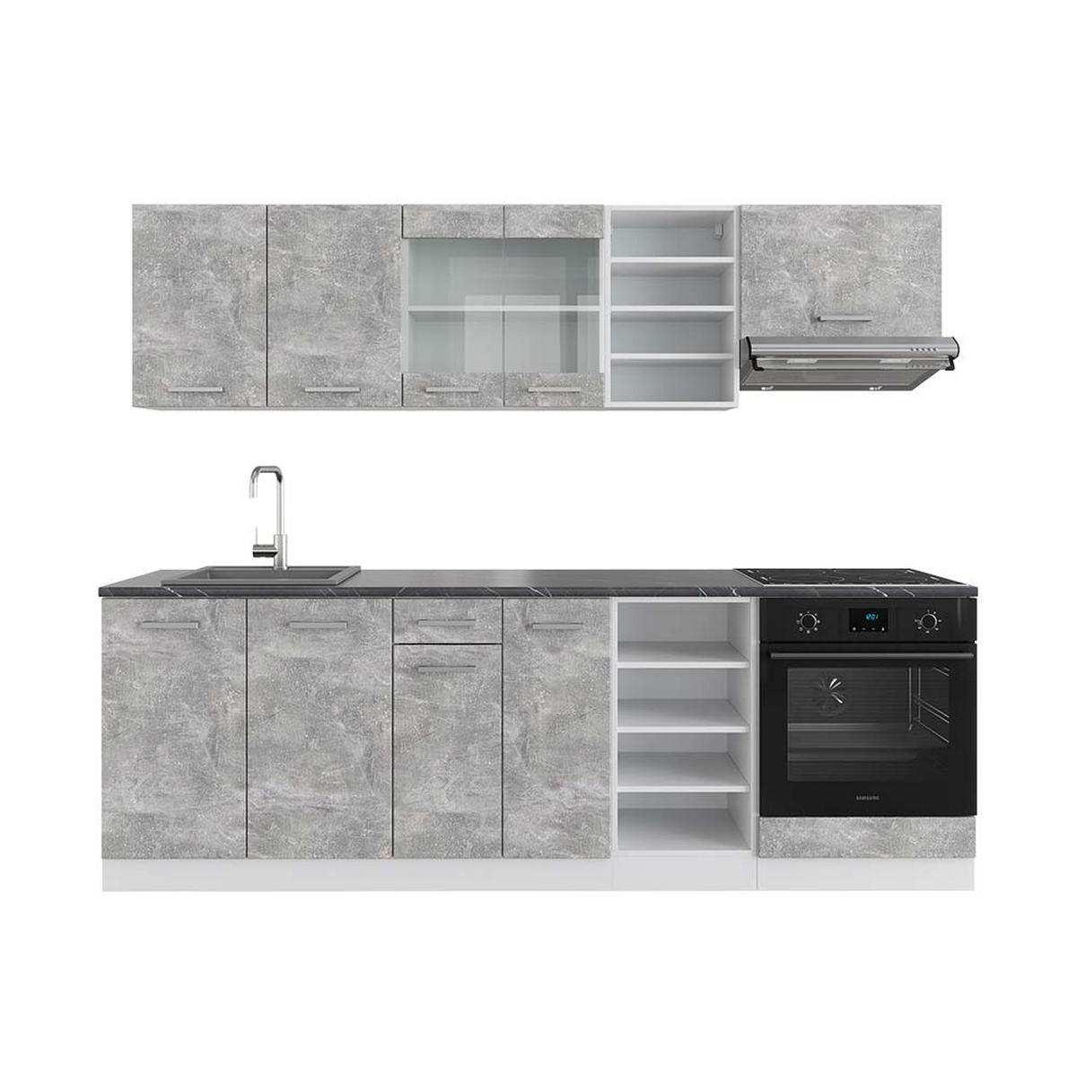 KÜCHENZEILE R-Line Beton/Weiß 240 cm, AP Anthrazit - Schieferfarben/Weiß, Holzwerkstoff (240/81.6/60cm) - Vicco