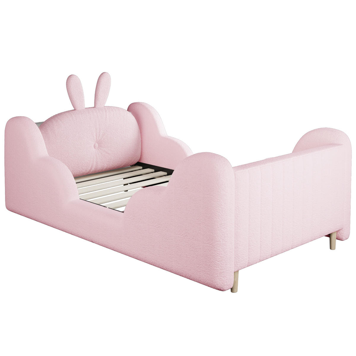 KINDERBETT 90/200 cm in Rosa Teddyplüsch mit Hasenkissen und Wolkenseiten - Rosa, Holzwerkstoff/Textil (90/200cm) - WISHDOR