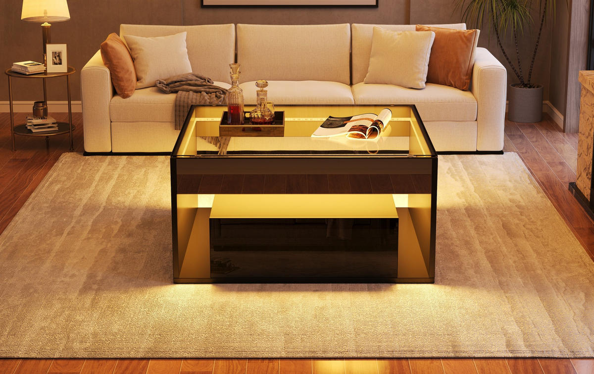COUCHTISCH 70/70/35 cm mit 2 Schubladen, LED-Beleuchtung und Glasplatte, Schwarz - Schwarz, Holzwerkstoff (70/70/35cm) - Redom