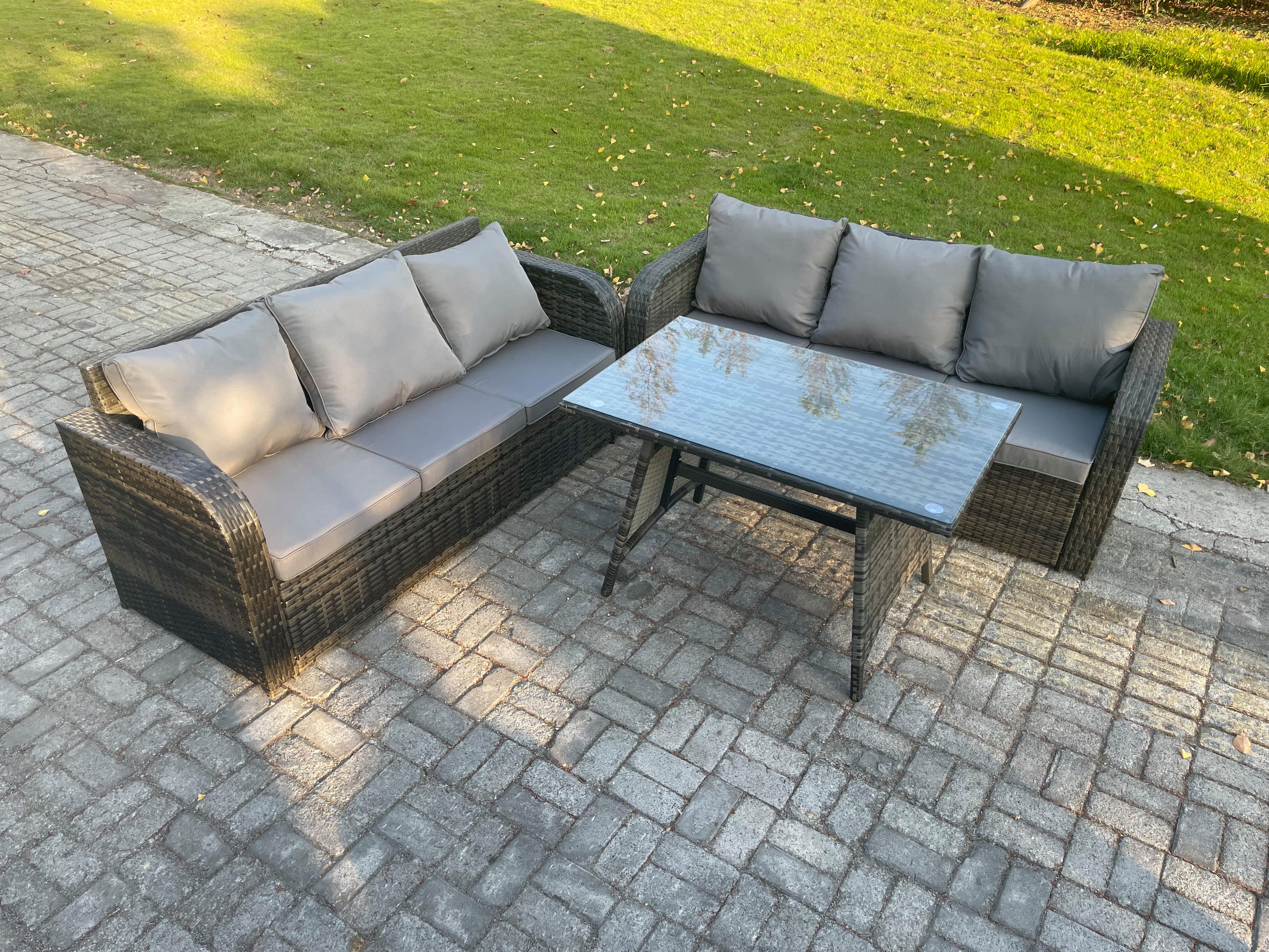 GARTENSET Hohe Rückenlehne Polyrattan 6-Sitzer - Dunkelgrau/Grau, Glas/Kunststoff - Fimous