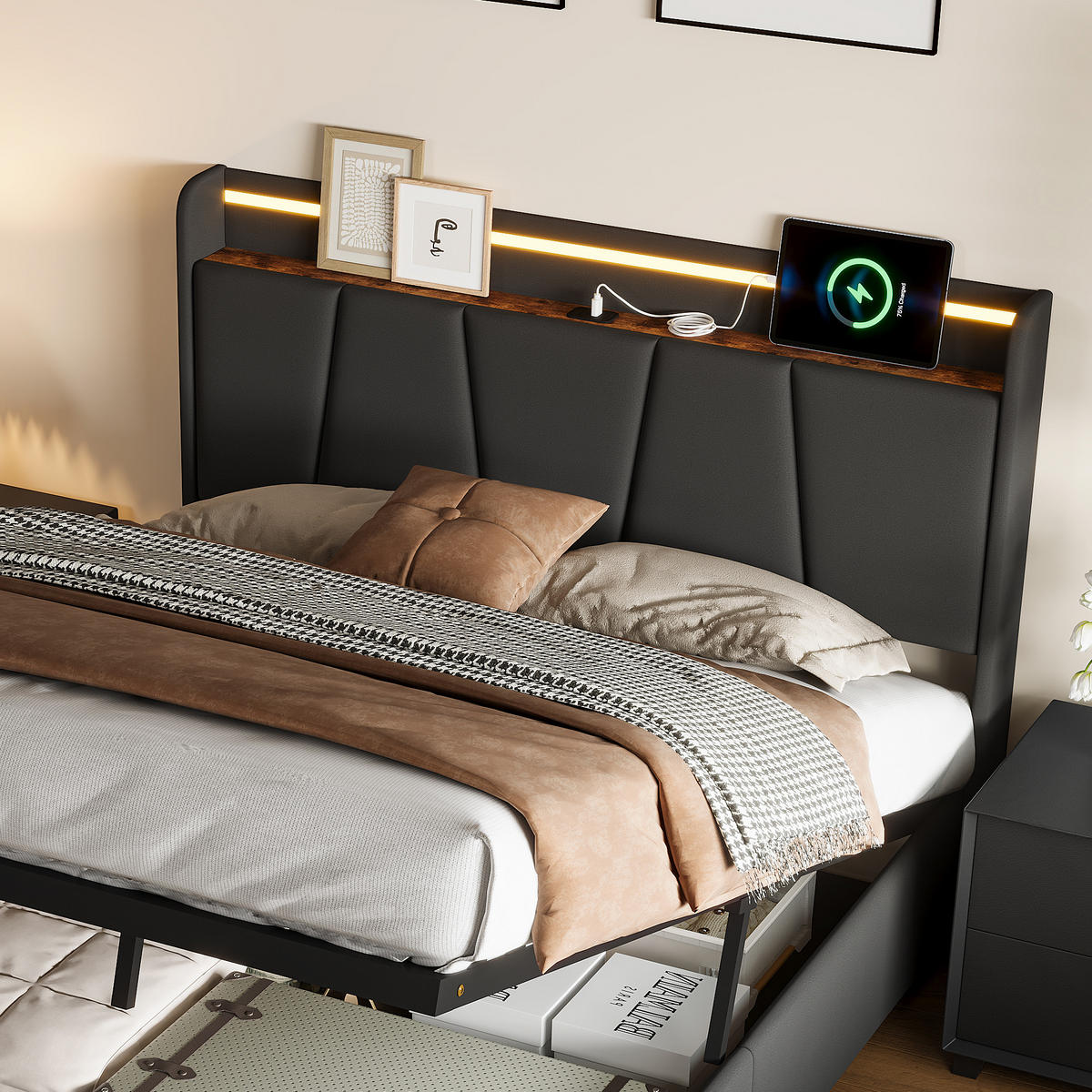 POLSTERBETT 140/190 cm grau Leinen Stauraum LED USB Schubladen - Grau, Holz
