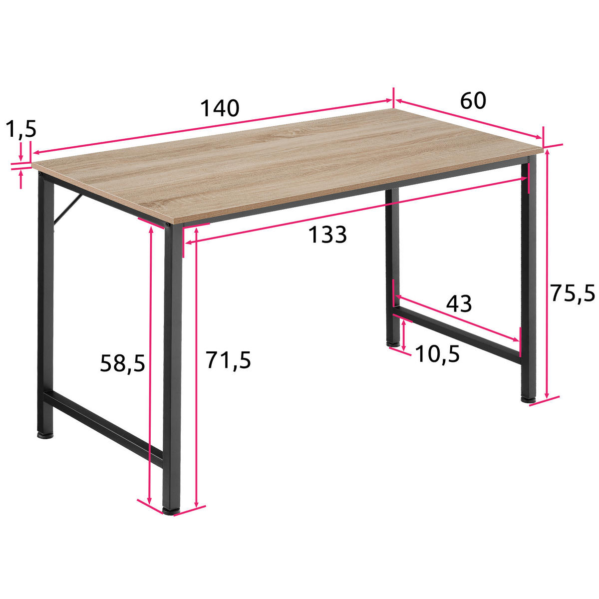 SCHREIBTISCH Jenkins, Höhe 75, 5 cm, Industrial Holz hell, Eiche Sonoma - Naturfarben, Holzwerkstoff (60/140/75.5cm) - tectake