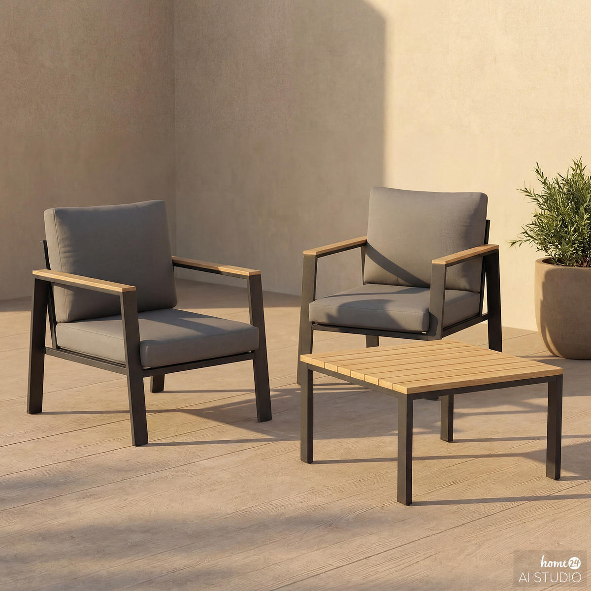 LOUNGESET - Eukalyptus massiv / Polyester - Braun / Anthrazit - 3-teilig - Braun/Grau, Holz/Textil - home24