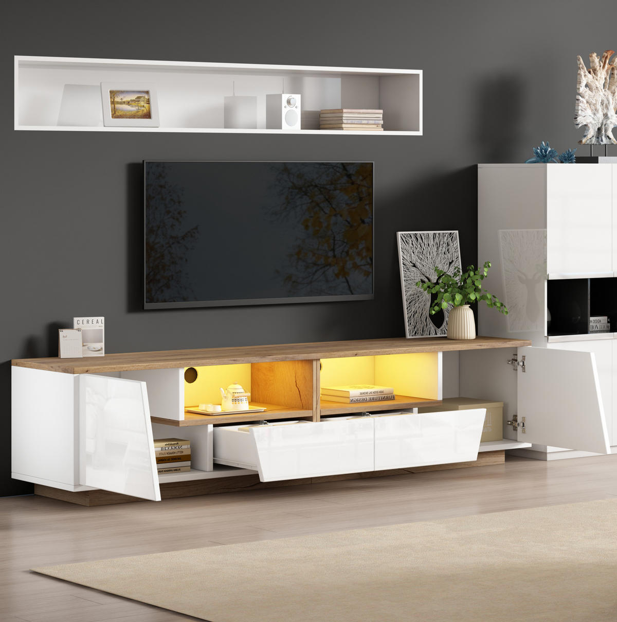 TV-SCHRANK 180/40/46 cm weiß + Holzfarbspleiß mit LED-Beleuchtung und 2 Schubladen und 2 Schränken - Weiß, Holzwerkstoff (180/46/40cm) - OKWISH