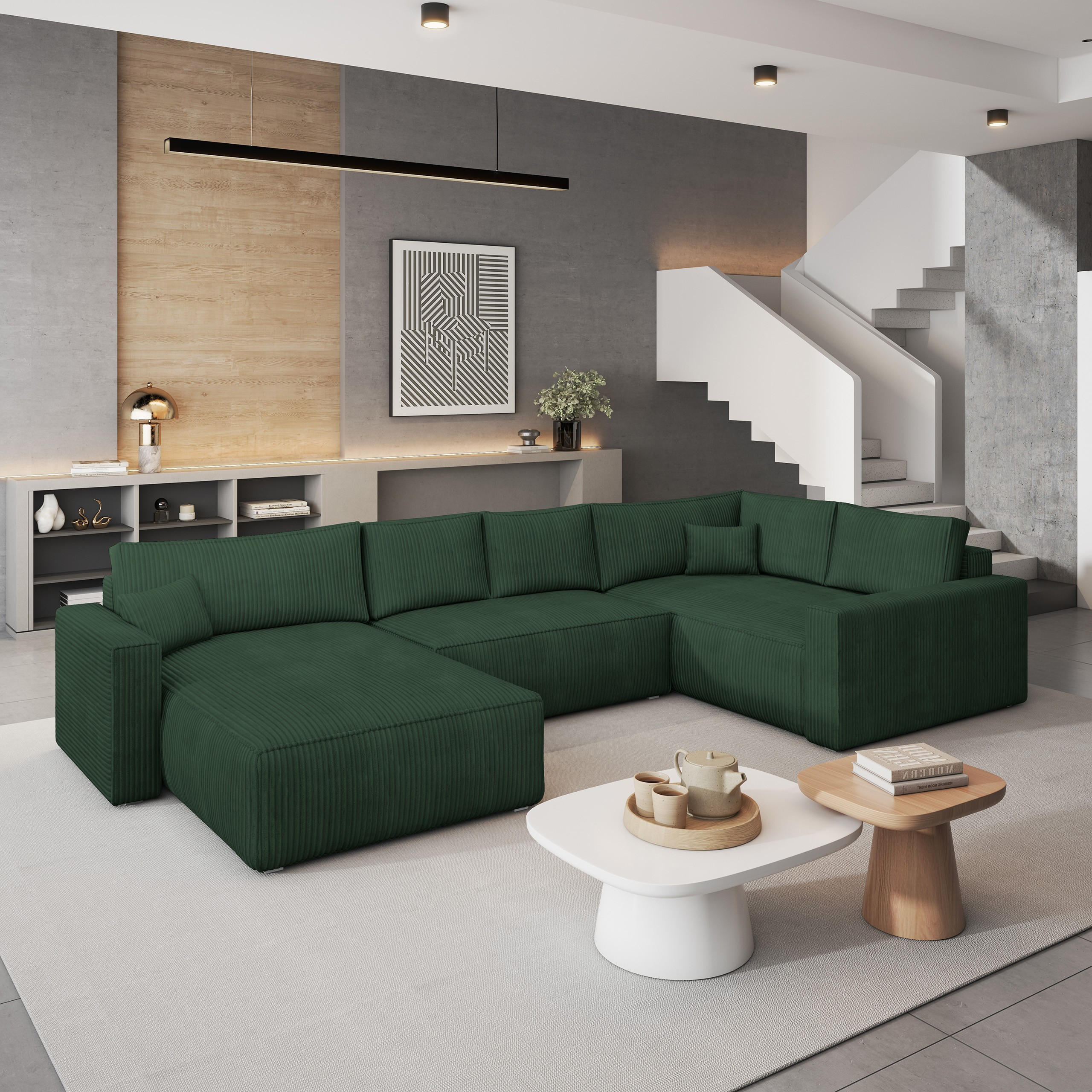 WOHNLANDSCHAFT VELAMI R-S Grün Kordstoff mit Schlaffunktion - Grün, Holz (365/83/194cm) - MASSENO