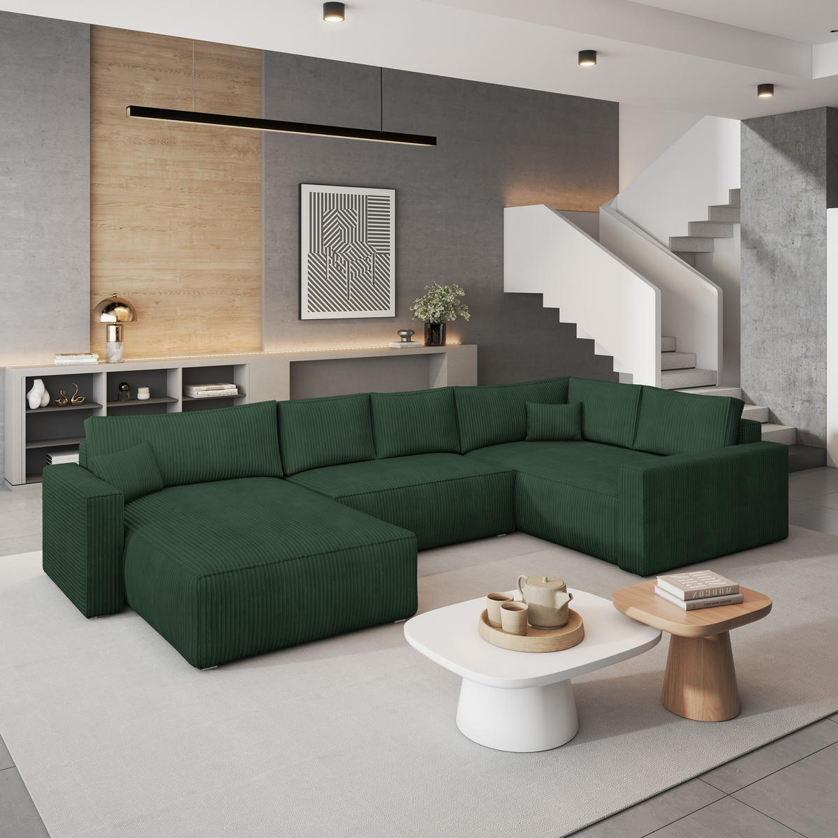 WOHNLANDSCHAFT VELAMI R-S Grün Kordstoff mit Schlaffunktion - Grün, Holz (365/83/194cm) - MASSENO
