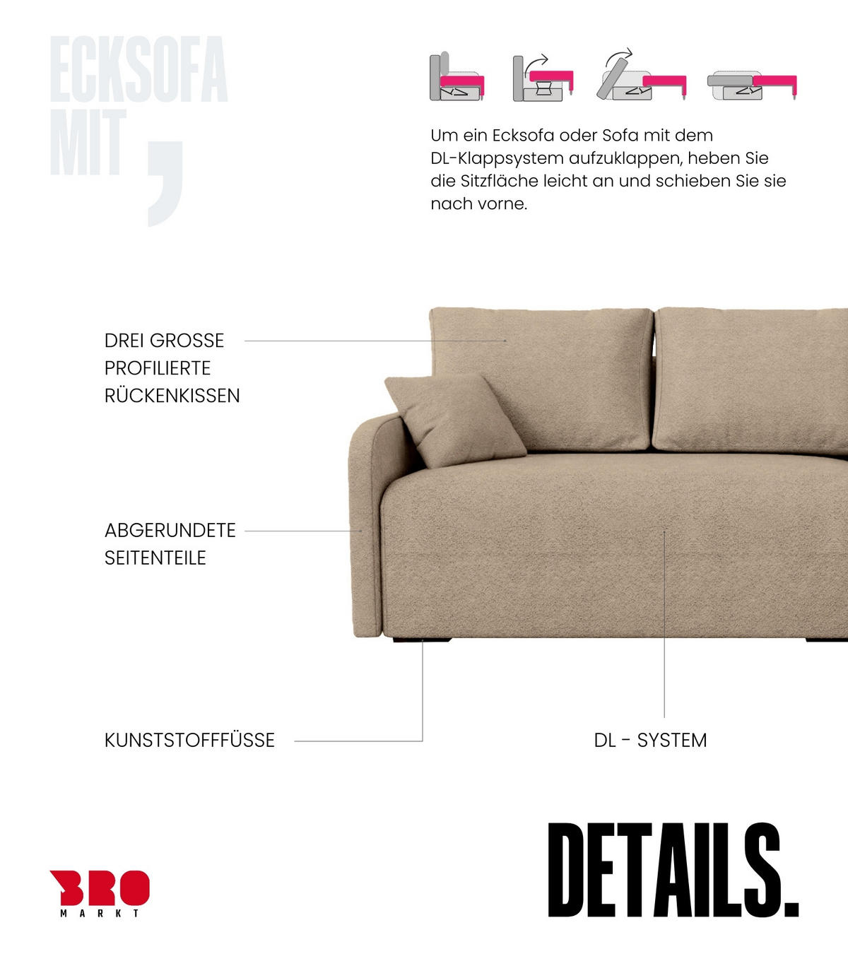 ECKSOFA Malen mit Schlaffunktion Beige Bouclé - Creme, Textil (215/141cm) - Bromarkt