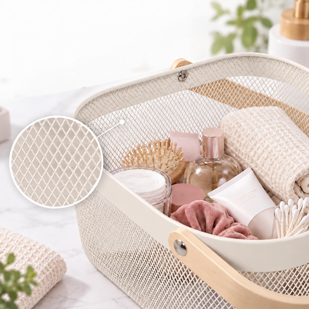 DRAHTKORB Creme Henkel 17,5x43x27 cm - Creme, Holz/Metall (43/17.5/27cm) - Relaxdays