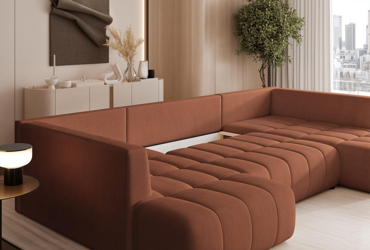 WOHNLANDSCHAFT STONE mit Schlaffunktion und Bettkasten, Stoff Braun - Braun, Kunststoff/Textil (350/91/190cm) - Idohome