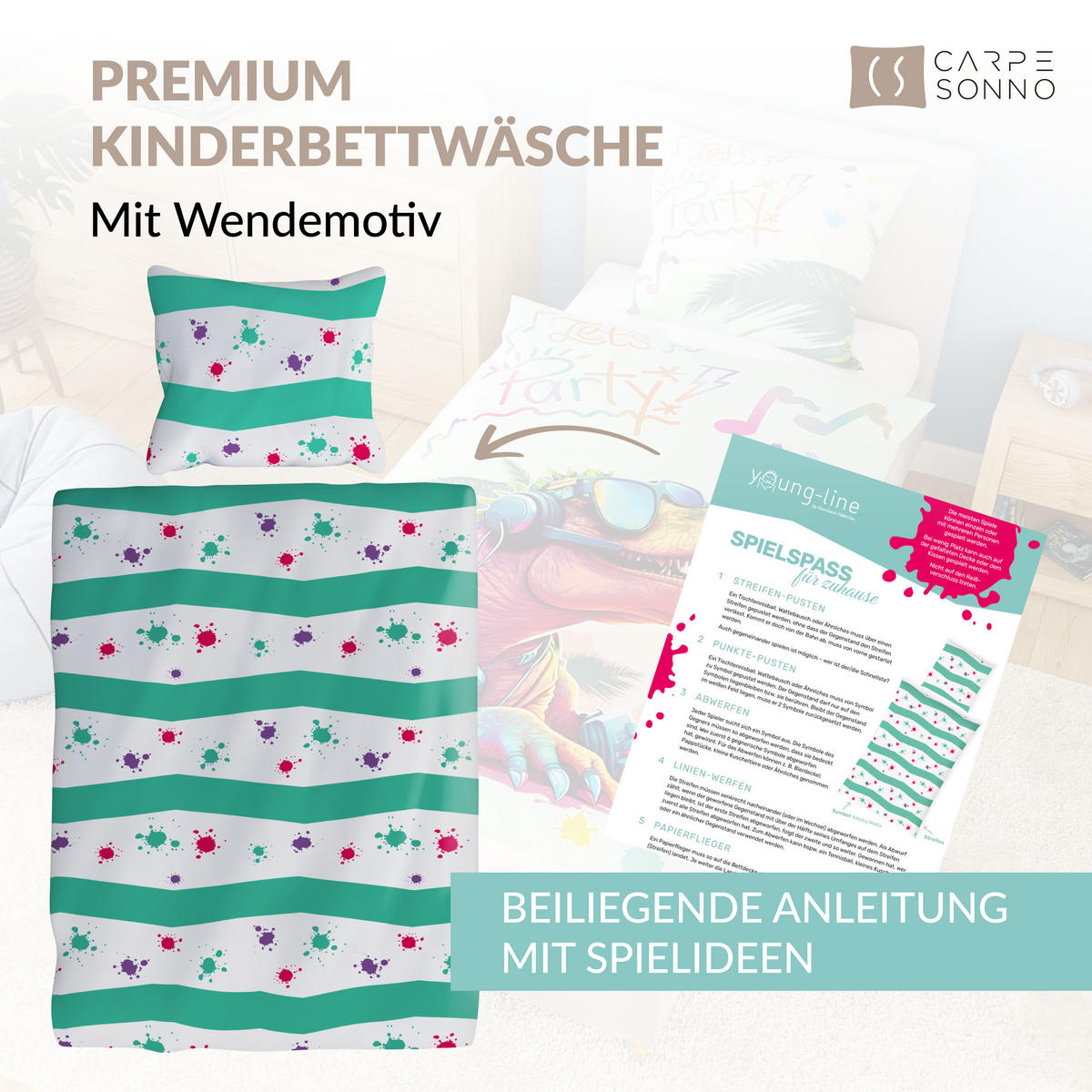 KINDERBETTWÄSCHE 135x200 cm Dino Dinosaurier aus 100% Baumwolle - Leuchtet um Dunkeln - Grün, Textil (135/200cm) - Carpe Sonno