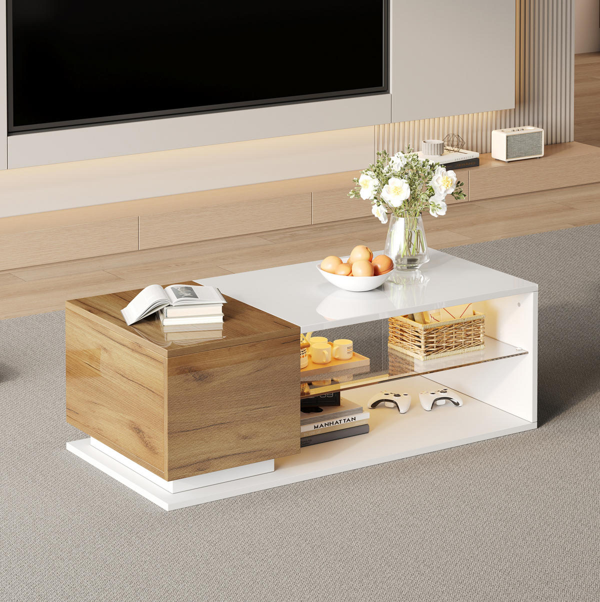 COUCHTISCH 105/50/36 cm in Weiß/Eicheoptik mit LED-Beleuchtung und Stauraum - Weiß, Holzwerkstoff (105/50/36cm) - Flora Grace