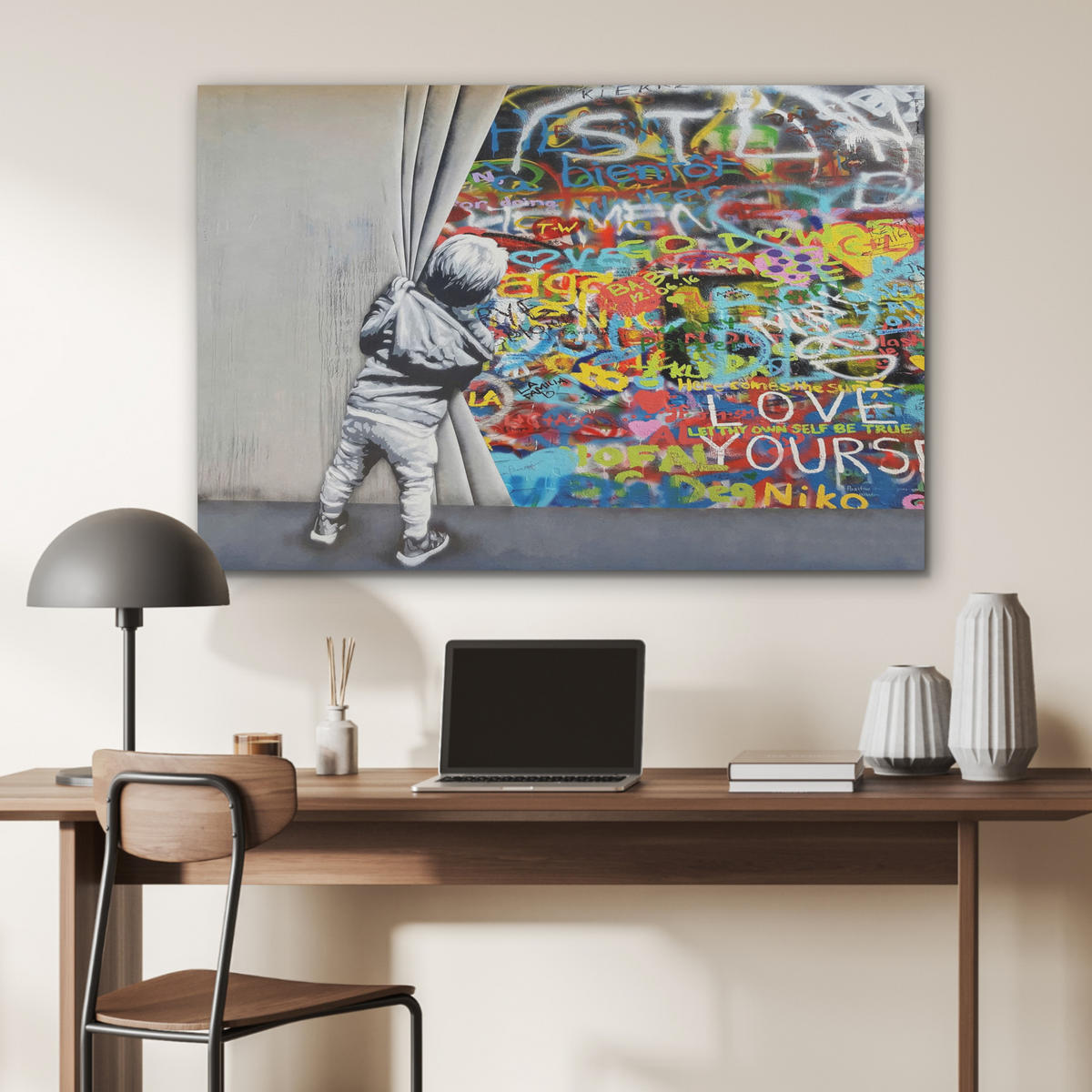 AKUSTIKBILD Graffiti - Junge - Ilussie - Straßenkunst Wandbild Wohnzimmer 100x70 cm - Hellgrau, Textil (100/70/0.9cm) - MuchoWow