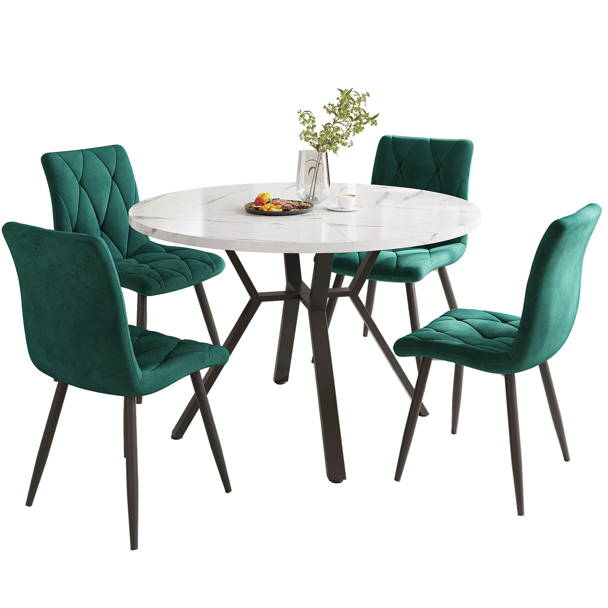 ESSTISCHSET 5-Teilig Rund Marmor, Schwarze Beine, 4 Grüne Stühle - Grün, Metall (100/75/100cm) - FLIEKS