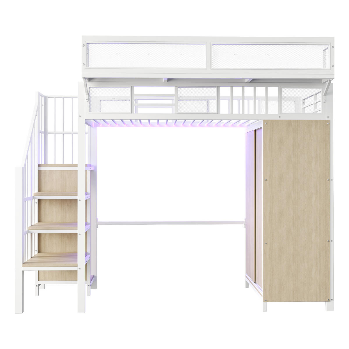 HOCHBETT 90/200 cm DE-01489, in Weiß, mit Kleiderschrank, Sicherheitsleiter und LED-Beleuchtung - Weiß, Metall (90/200cm) - ComfortXL