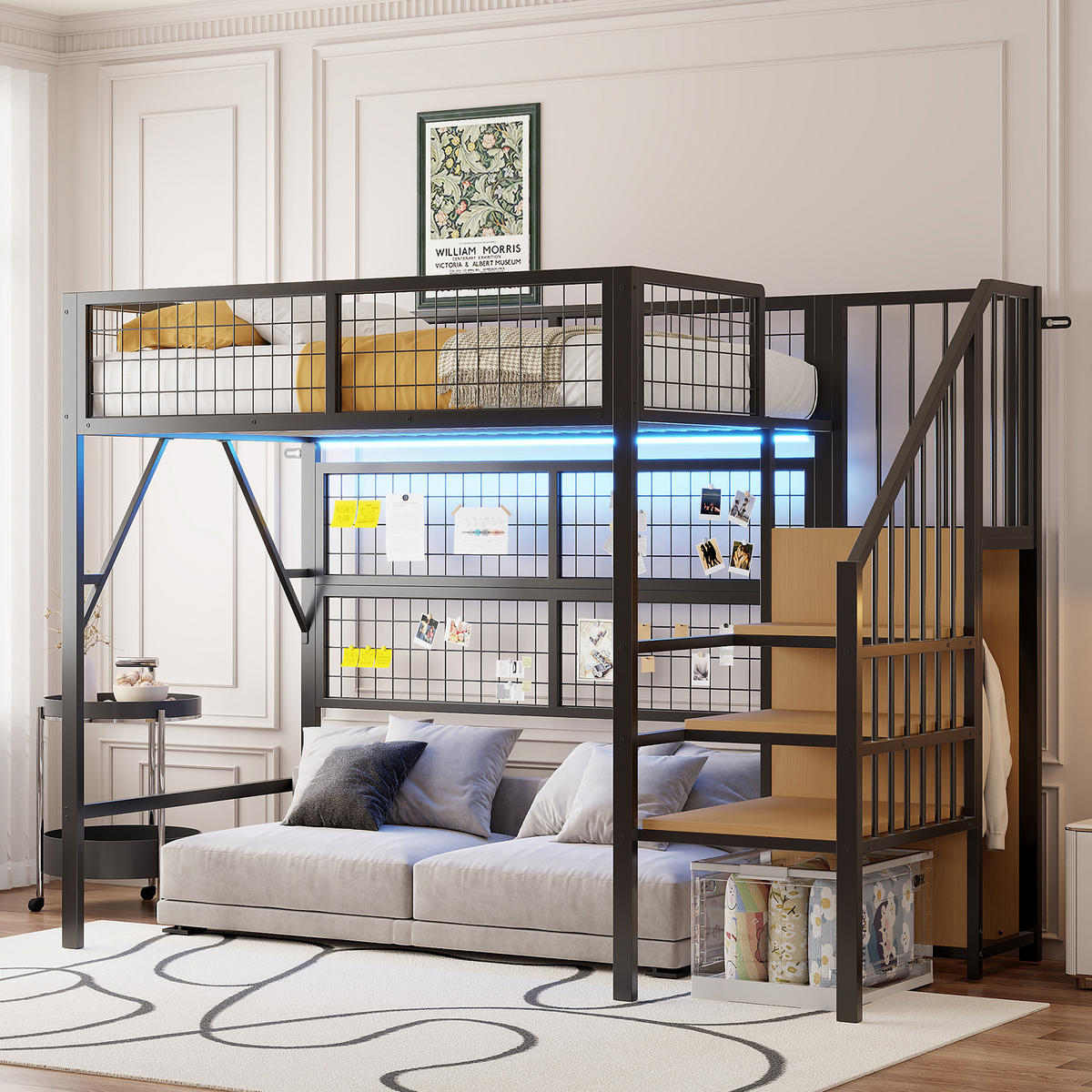 HOCHBETT 90/200 cm Schwarz Metall mit LED-Beleuchtung und Stauraumtreppe - Schwarz, Metall (90/200cm) - OKWISH