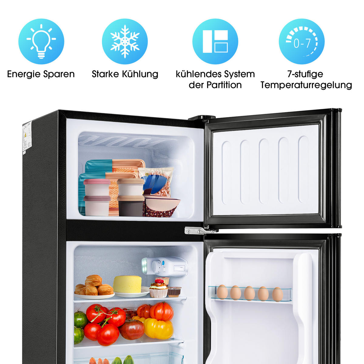 KÜHLSCHRANK 86,8cm Schwarz Doppeltür LED 60L modern - Schwarz, Kunststoff (45.5/42.5/86.8cm) - FLIEKS