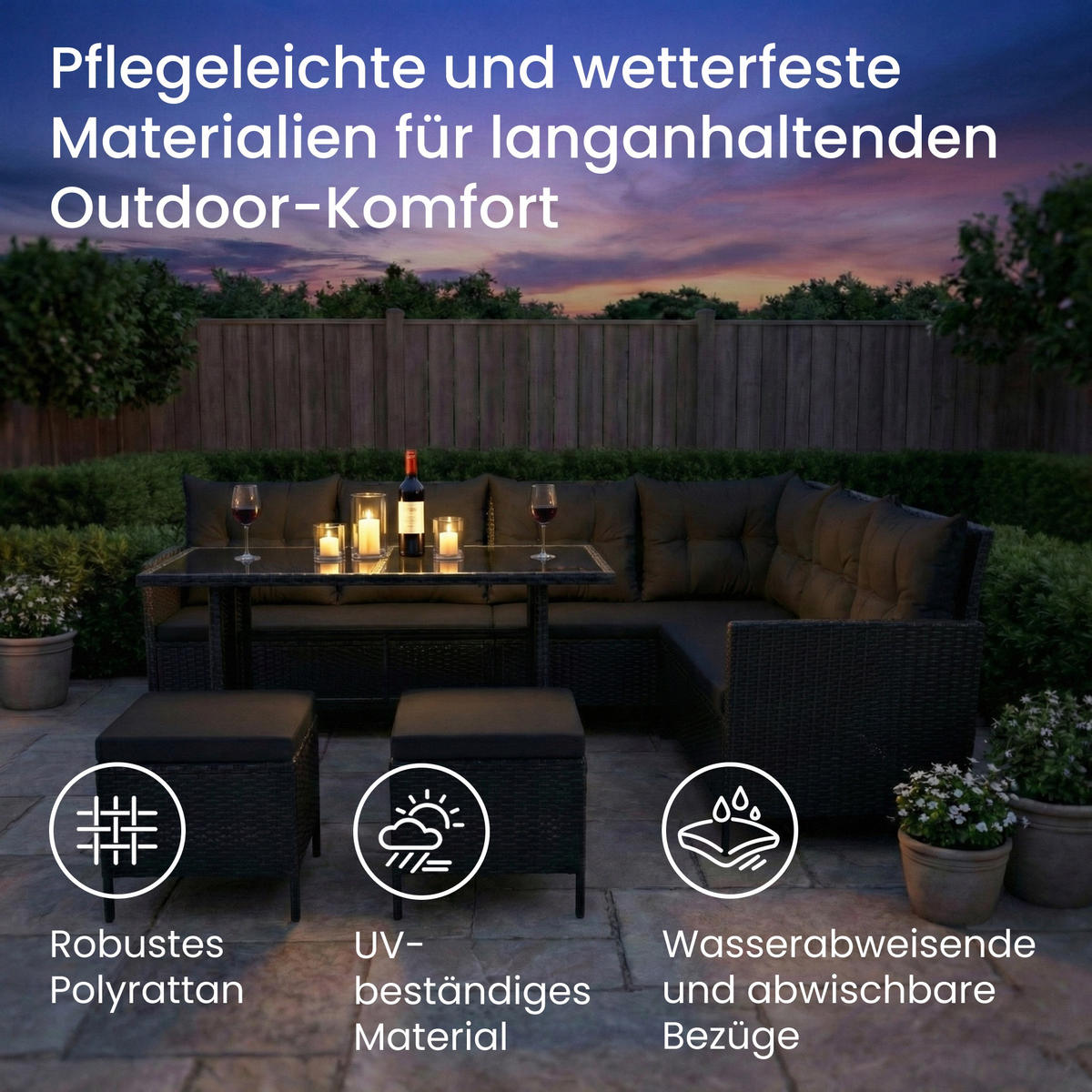 GARTENMÖBEL-SET mit Ecksofa und Esstisch in schwarze Kissen - Schwarz, Metall - Home Collective