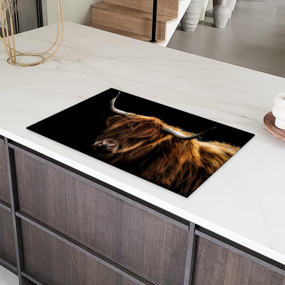 HERDABDECKPLATTE Schottischer Highlander - Hörner - Schwarz - Tiere - Natur - Wild - Kuh Ceranfeldabdeckung 85x52 cm - Cognac, Kunststoff (85/52/0.2cm) - MuchoWow