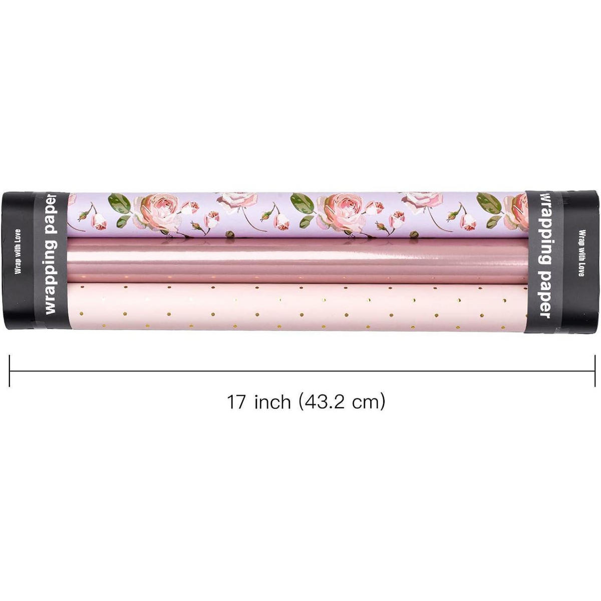 GESCHENKPAPIER 3 Rollen Mini-Rolle 43,2 cm x 3,05 m Rosa Roségold Designs - Multicolor, Papier (10/4/44cm)